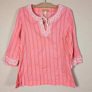 Sigrid Olsen Women's 100% Cotton Long Sleeve Top XL Embroidered Beachy Tassel